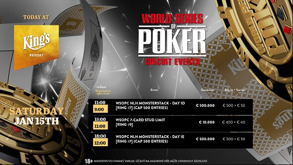 Sobota v King's Resortu Rozvadov: Dnes si zahrajete poslední flighty WSOPC Monsterstacku i prstenový Seven Card Stud event
