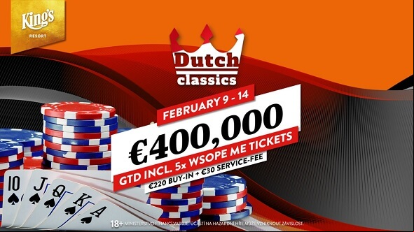 Únorový Main Event Dutch Classics 2022 garantuje €400 tisíc na výhrách. Vícedenní pokerový turnaj si zahrajete v King's Resortu Rozvadov