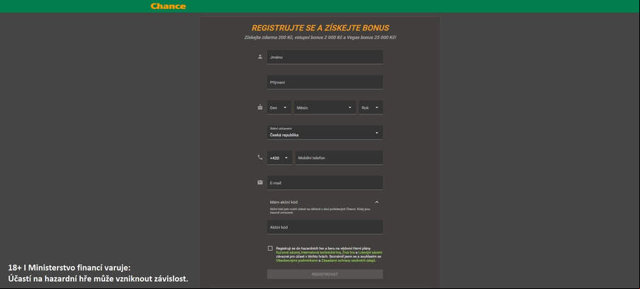 Vstupní bonus za registraci získáte u Chance bez akčního promo kódu
